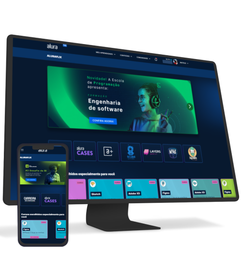 Um monitor e um celular com a Alura Plus abertos